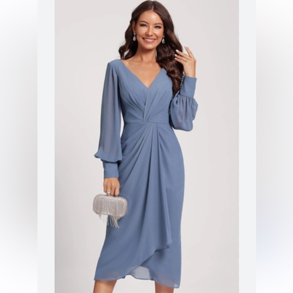 JJs House sheath column V neck chiffon cocktail midi dress Slate blue wedding 20